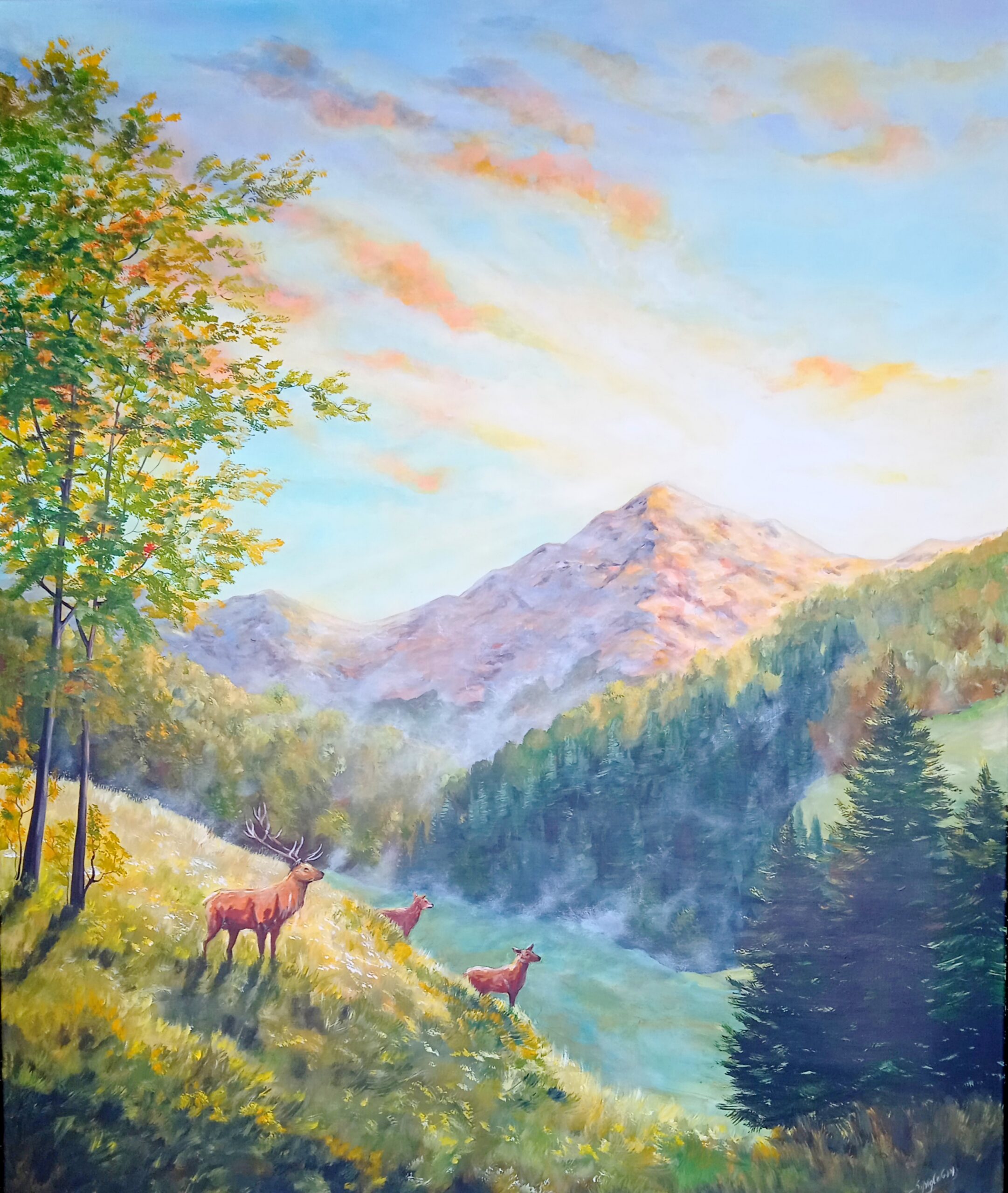 Paesaggio con cervi,acrilico su tela 120×100